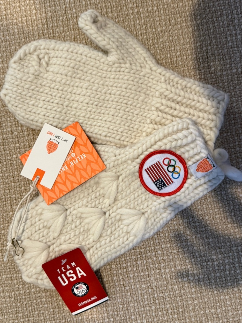 Sh*t that I Knit Cream Cable Knit Mittens with Olympic Patch